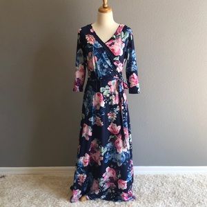 Flowered navy wrap style dress with sleeves